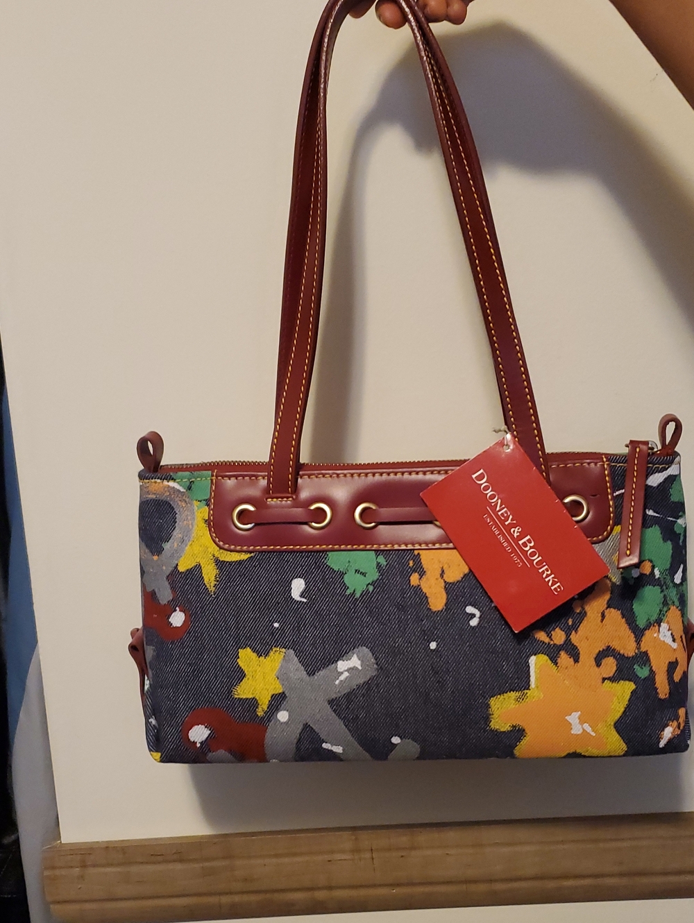 Dooney & Bourke Multicolor Paint-Splash Shoulder Bag with Brown Trim